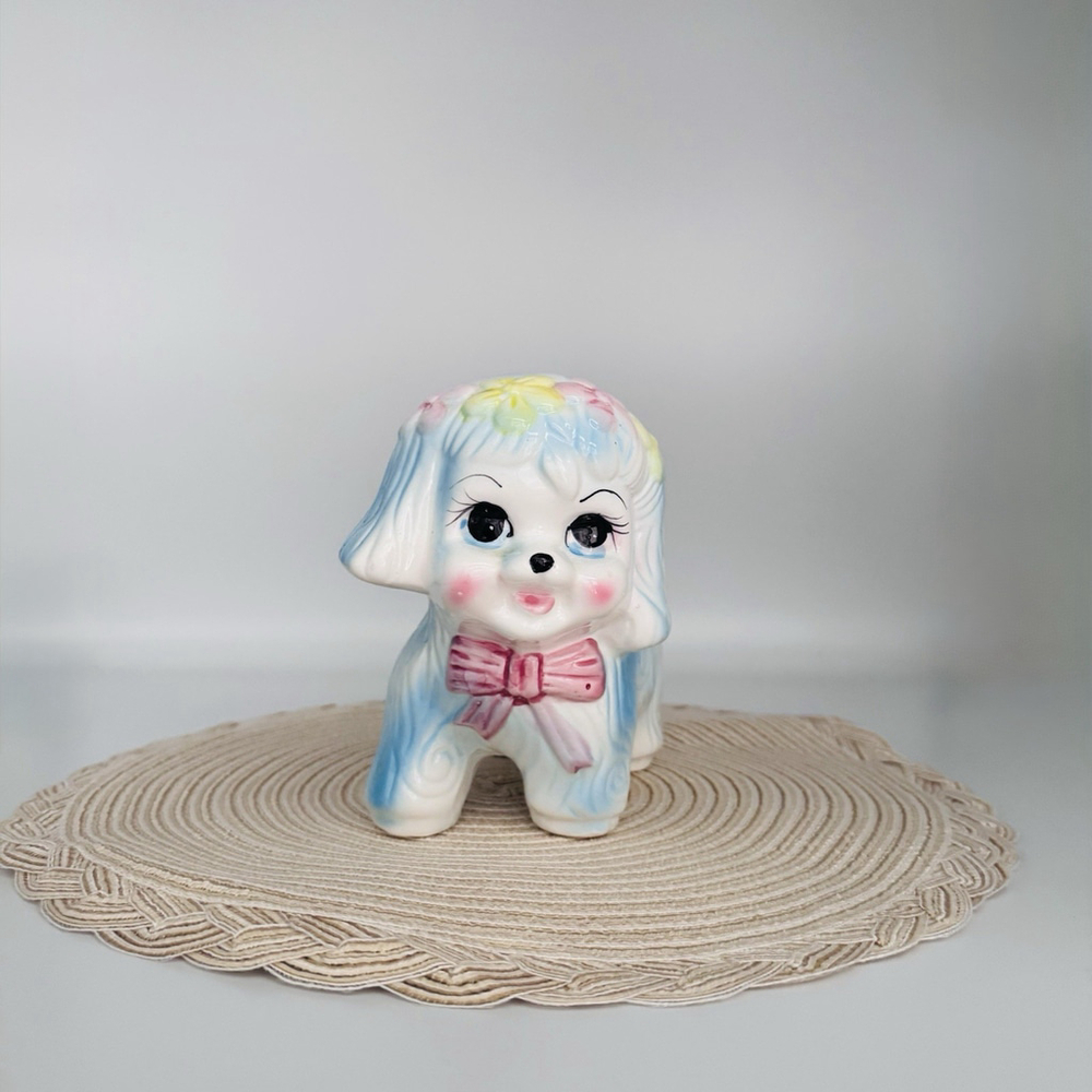 Vintage Kitch Ceramic Pink Blue Dog Pottery Planter 1950-60s Hand Painted Puppy